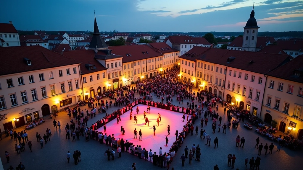 Aerial view of town square with outdoor dance floor, surrounding historic buildings and evening lighting setup