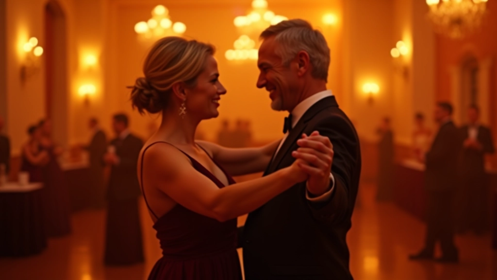 Couple performing salsa dance in a vibrant ballroom with warm lighting