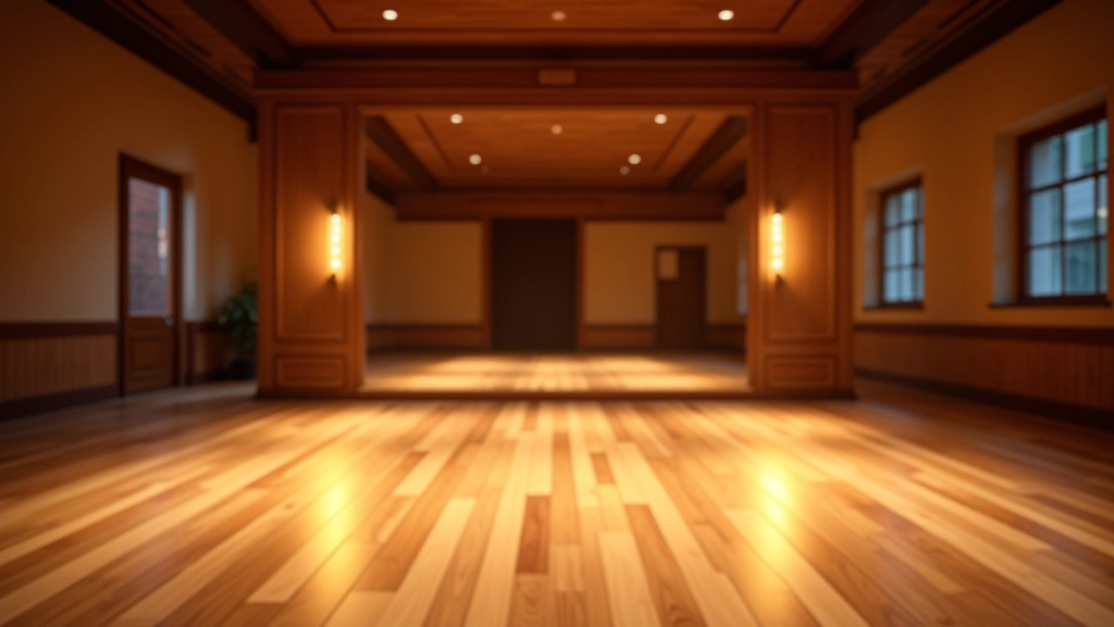 Interior of a dance studio in Rīga with mirrors, wooden floor, and warm ambient lighting for salsa dancing