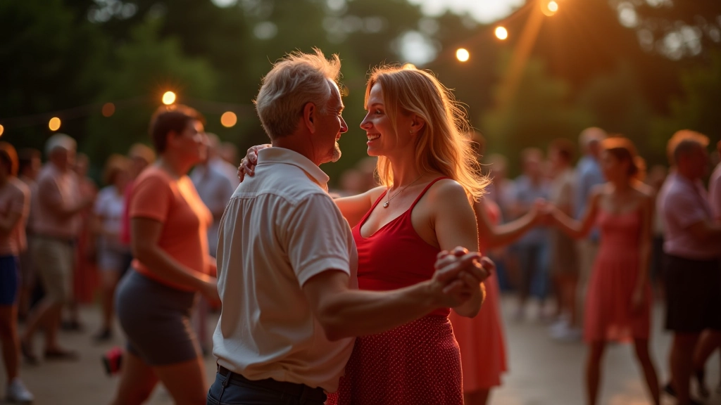 Group of dancers performing salsa together outdoors at dusk with festival lights in background