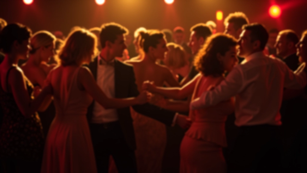 Group of dancers in traditional Latin dance attire at a social event in a ballroom setting