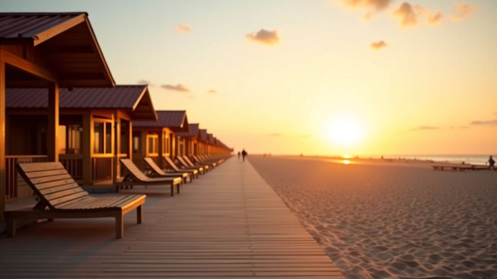 Jūrmala beachfront promenade with elegant wooden architecture and sandy beach, sunset golden hour lighting, crisp detail