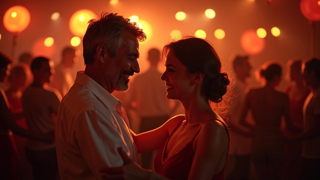 Group of mature dancers enjoying themselves in a warm, welcoming dance venue setting, happy expressions, dancing together