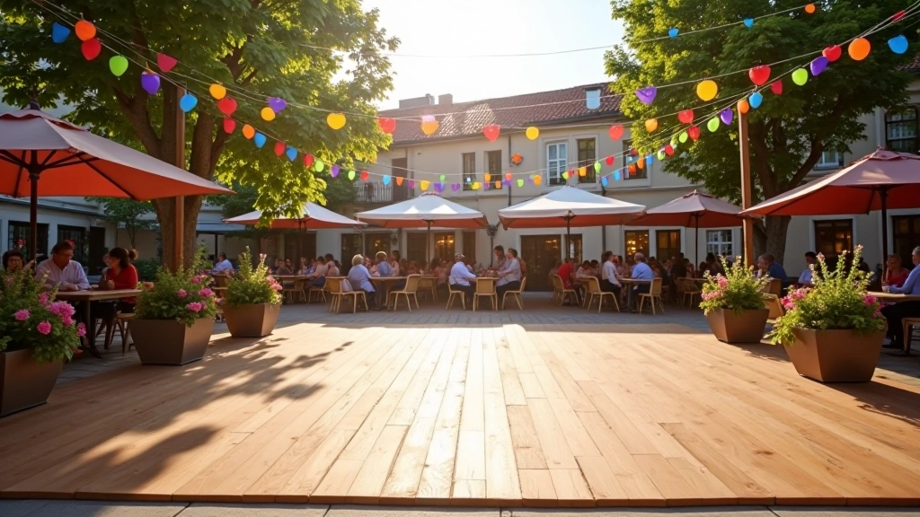 Outdoor dance floor set up in a town square with colorful decorations and string lights above