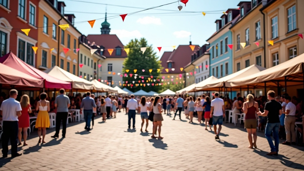 Town square decorated and set up for a summer festival event