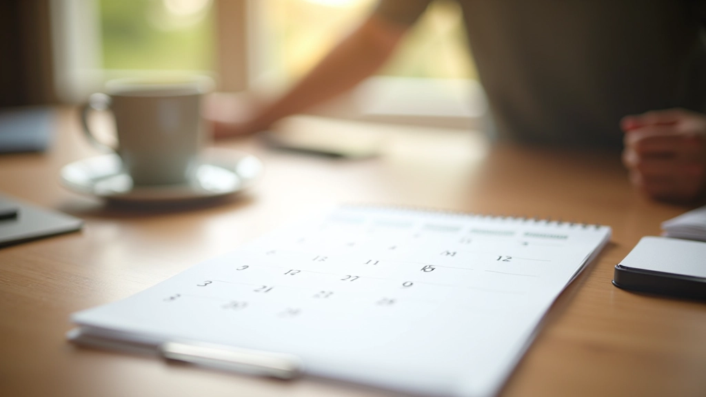 Weekend calendar planner with bachata dance schedule, coffee cup on wooden desk, morning natural lighting, organized layout